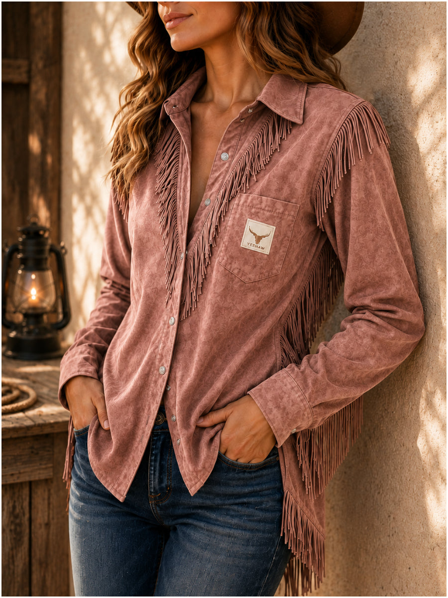 Women's Suede Turn-Down Collar Fringe Slim Fit Blouse